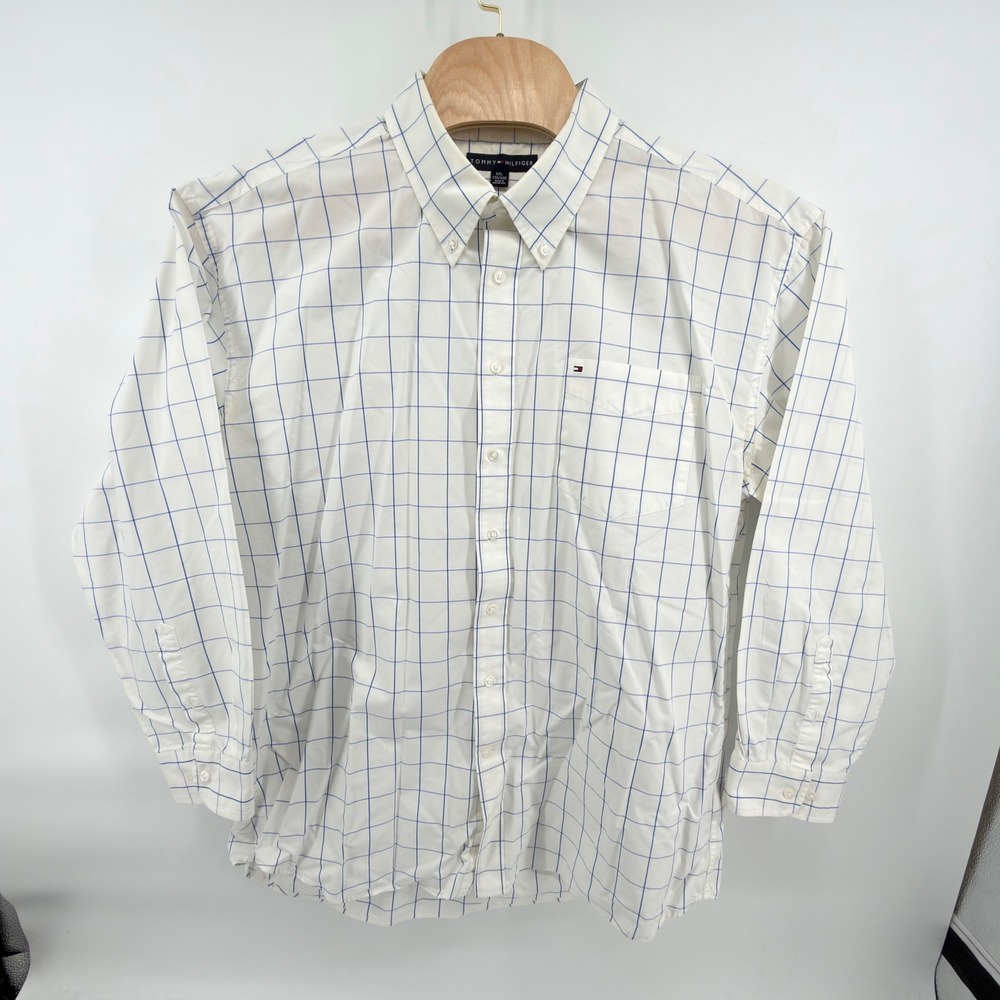 Tommy Hilfiger Button Down Shirt Mens XXL White Blue Windowpane Check Cotton